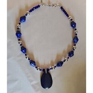 Natural Blue Lapis Beaded Teardrop‎ Stone Necklace 15 inch Silver Accents